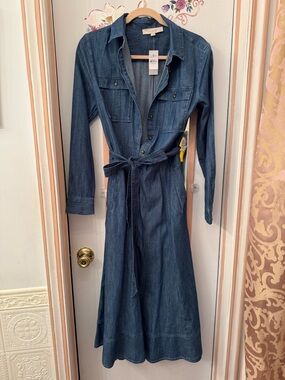 LOFT Chambray Button-Front Shirt Dress in Medium Blue